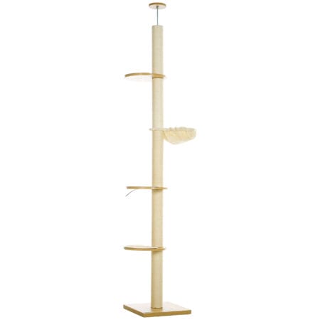Deckenhoher Kratzbaum, 230-250cm hoch, in Eiche-Cremeweiss, mit Hängematte, ideal für Katzen, die gerne hoch klettern.