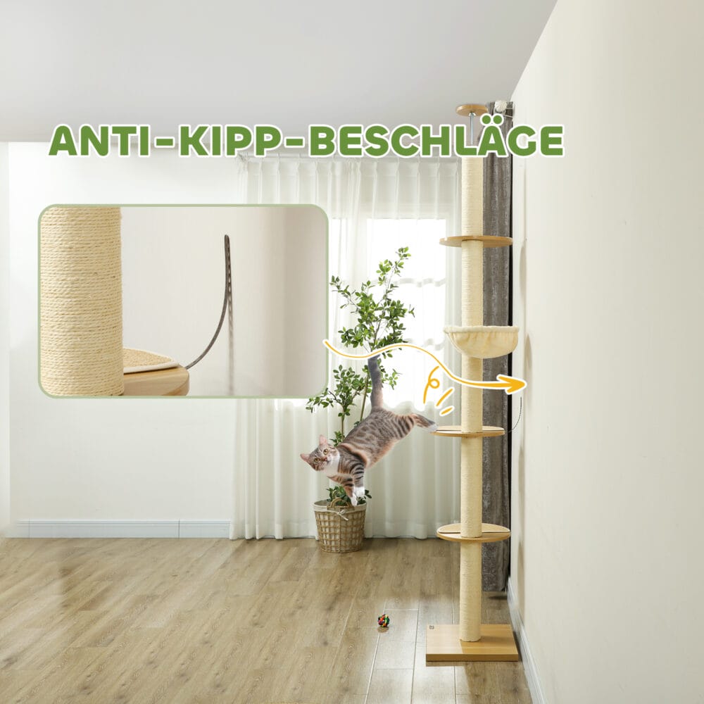 Deckenhoher Kratzbaum, 230-250cm hoch, in Eiche-Cremeweiss, mit Hängematte, ideal für Katzen, die gerne hoch klettern.
