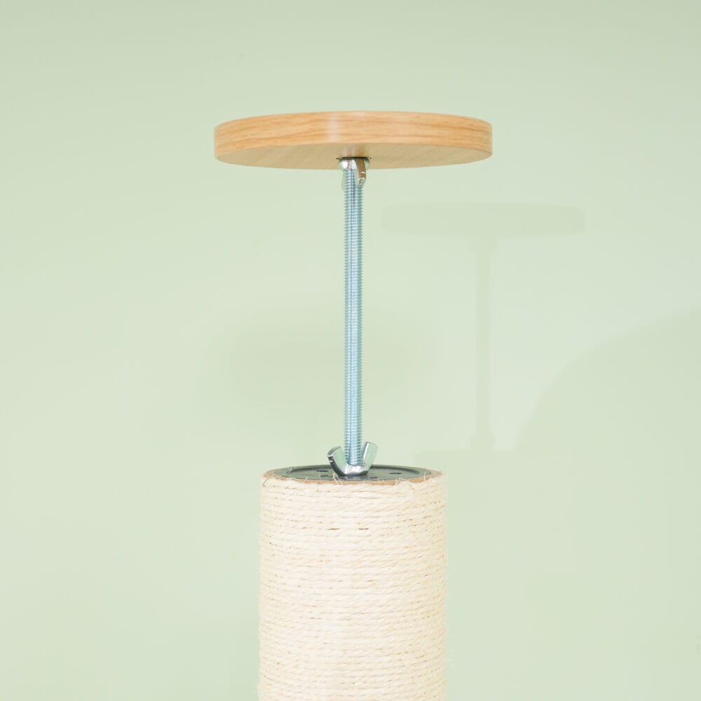 Deckenhoher Kratzbaum, 230-250cm hoch, in Eiche-Cremeweiss, mit Hängematte, ideal für Katzen, die gerne hoch klettern.