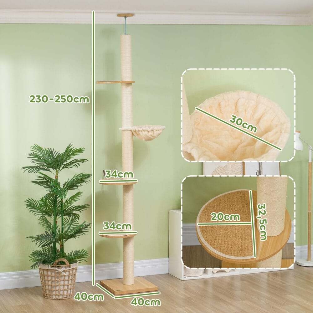 Deckenhoher Kratzbaum, 230-250cm hoch, in Eiche-Cremeweiss, mit Hängematte, ideal für Katzen, die gerne hoch klettern.