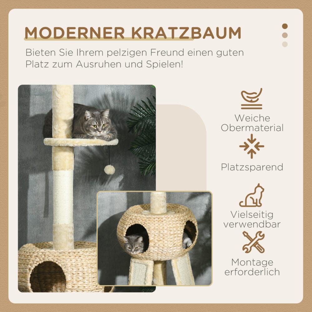 Beiger Kratzbaum mit Hängematte und Rampe, 225-255cm hoch, bietet Katzen vielfältige Kletter- und Entspannungsmöglichkeiten.