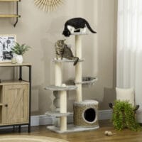 Hellgrauer Kratzbaum mit gemütlicher Höhle und Hängematte, ideal für kleine Katzen, 115cm hoch.