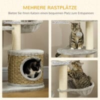 Hellgrauer Kratzbaum mit gemütlicher Höhle und Hängematte, ideal für kleine Katzen, 115cm hoch.