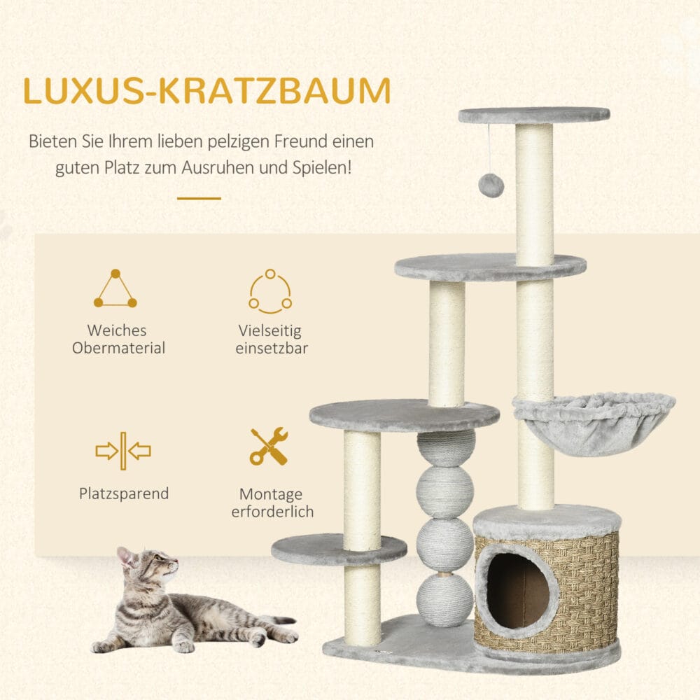 Hellgrauer Kratzbaum mit gemütlicher Höhle und Hängematte, ideal für kleine Katzen, 115cm hoch.