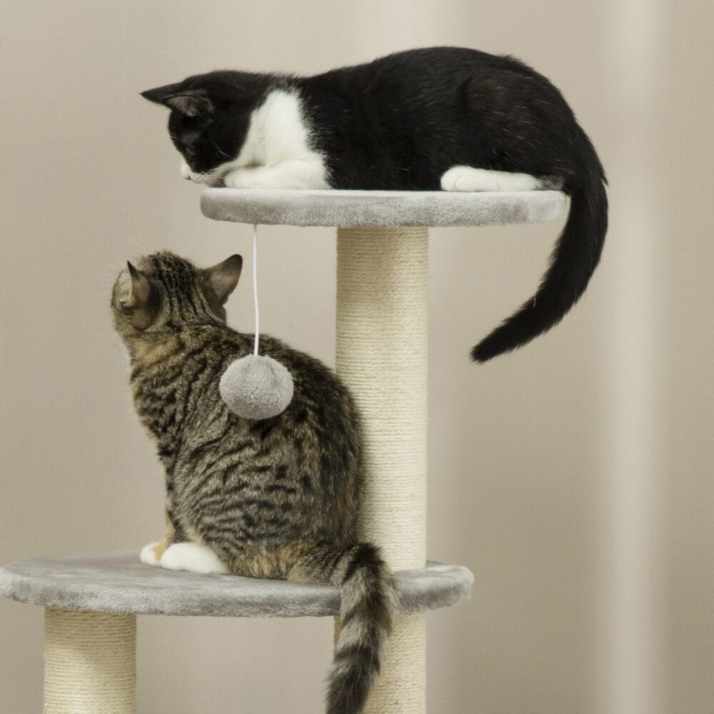 Hellgrauer Kratzbaum mit gemütlicher Höhle und Hängematte, ideal für kleine Katzen, 115cm hoch.