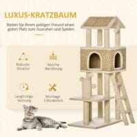Beiger Kratzbaum mit Katzenhöhle und Spielbällen, 130cm hoch, bietet Katzen viel Platz zum Spielen, Schlafen und Beobachten.