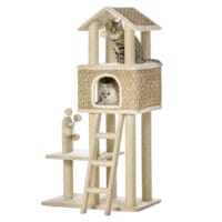 Beiger Kratzbaum mit Katzenhöhle und Spielbällen, 130cm hoch, bietet Katzen viel Platz zum Spielen, Schlafen und Beobachten.