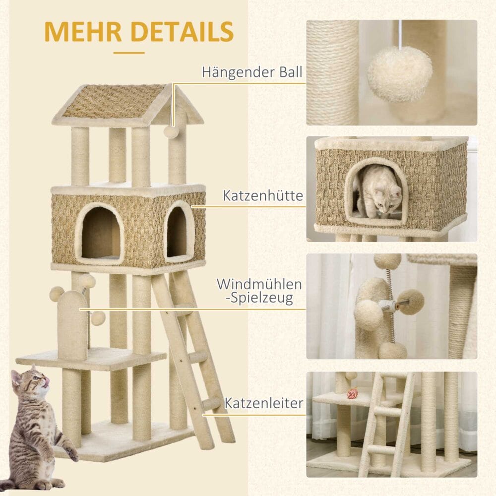 Beiger Kratzbaum mit Katzenhöhle und Spielbällen, 130cm hoch, bietet Katzen viel Platz zum Spielen, Schlafen und Beobachten.
