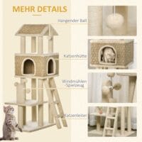 Beiger Kratzbaum mit Katzenhöhle und Spielbällen, 130cm hoch, bietet Katzen viel Platz zum Spielen, Schlafen und Beobachten.