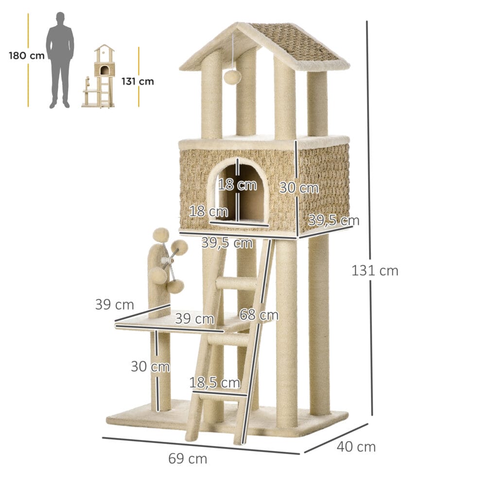Beiger Kratzbaum mit Katzenhöhle und Spielbällen, 130cm hoch, bietet Katzen viel Platz zum Spielen, Schlafen und Beobachten.