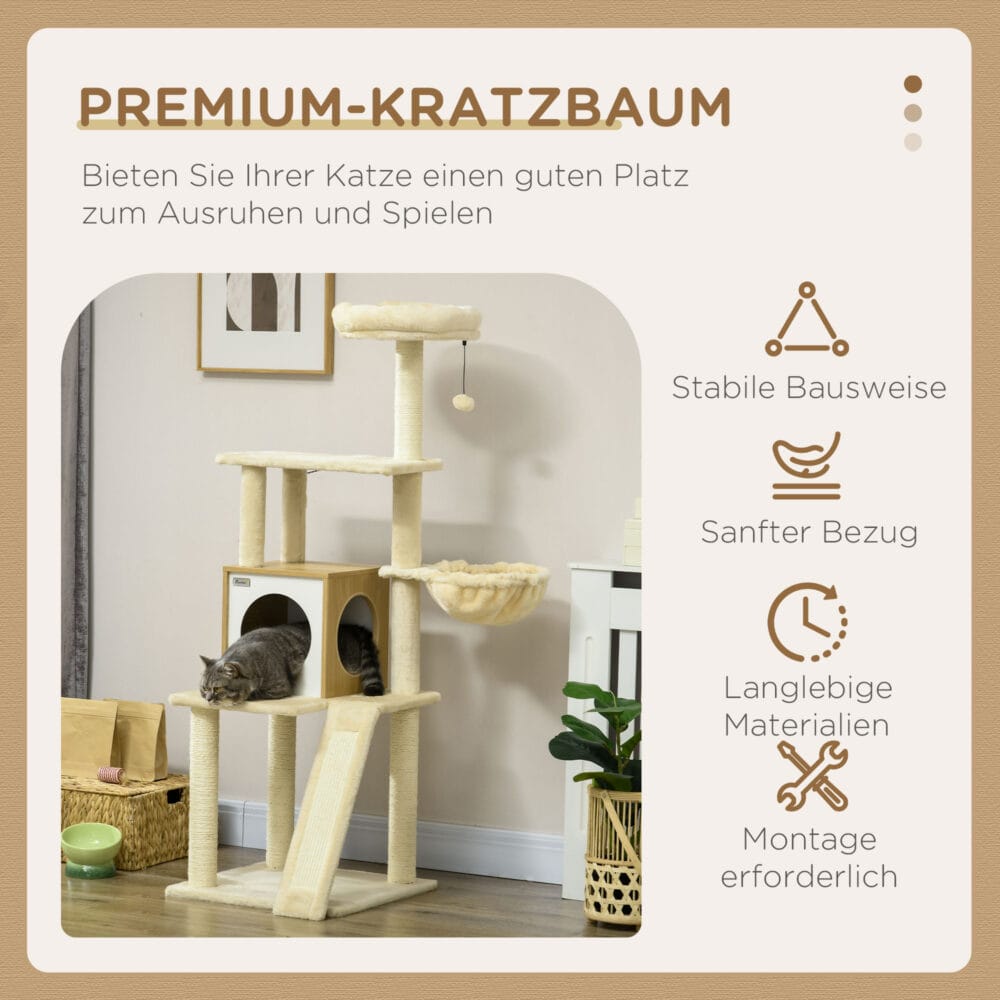 Beiger Kratzbaum aus Holz mit Hängebett, 141.5cm hoch, ein stilvolles und bequemes Möbelstück für Katzen.