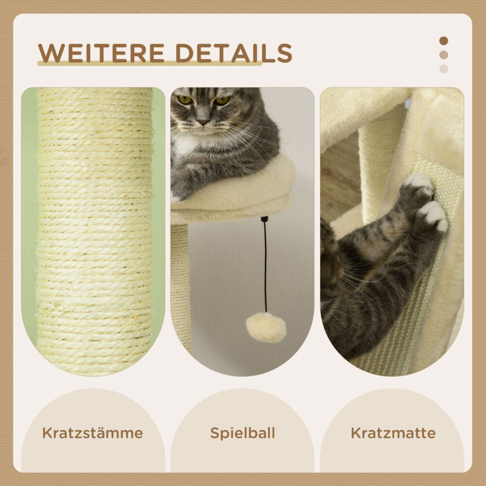 Beiger Kratzbaum aus Holz mit Hängebett, 141.5cm hoch, ein stilvolles und bequemes Möbelstück für Katzen.