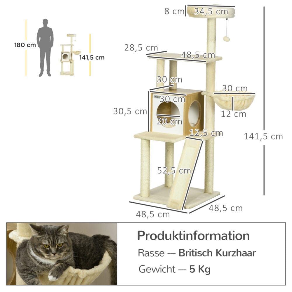 Beiger Kratzbaum aus Holz mit Hängebett, 141.5cm hoch, ein stilvolles und bequemes Möbelstück für Katzen.