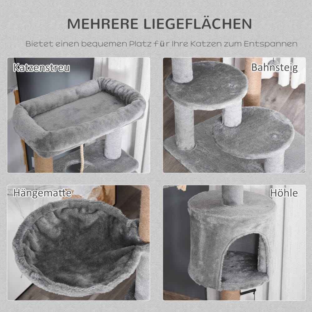 Hellgrauer Kratzbaum aus Holz mit Kuschelkorb und Spielball, 120cm hoch, eine moderne und unterhaltsame Kratzmöglichkeit.