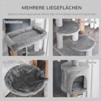 Hellgrauer Kratzbaum aus Holz mit Kuschelkorb und Spielball, 120cm hoch, eine moderne und unterhaltsame Kratzmöglichkeit.