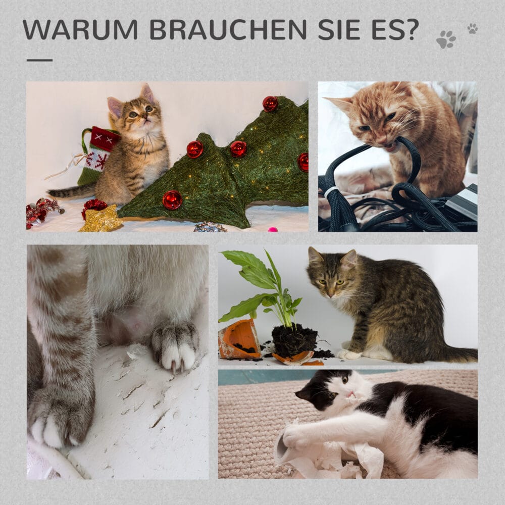 Hellgrauer Kratzbaum aus Holz mit Kuschelkorb und Spielball, 120cm hoch, eine moderne und unterhaltsame Kratzmöglichkeit.