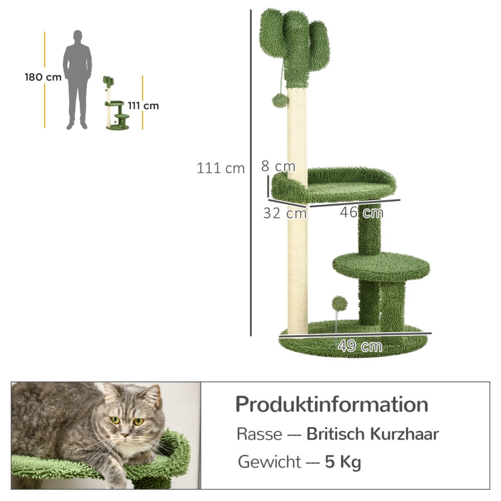 Grüner Kratzbaum im Kaktus-Design mit Spielball, 111cm hoch, ein origineller Blickfang und ideal zum Krallenwetzen.