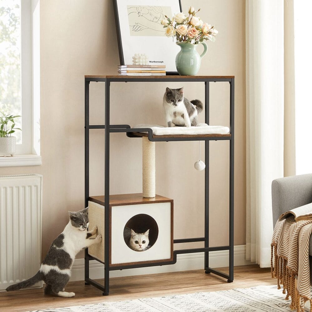 Kratzbaum 2-in-1 Kommode Vintage Braun für Katzen und Stauraum.