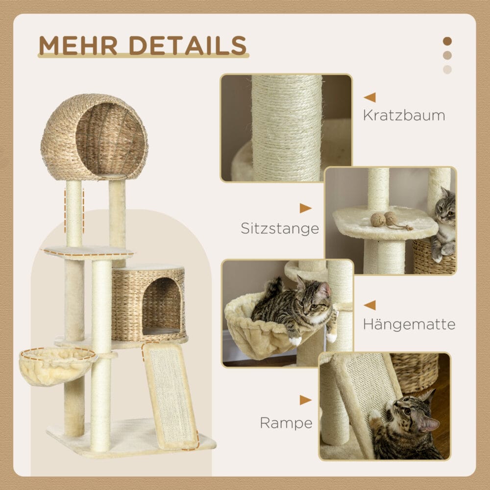 Beiger Kratzbaum mit Katzenhaus aus Rattan, 150cm hoch, eine stilvolle und robuste Kletter- und Kratzgelegenheit.