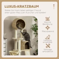 Beiger Kratzbaum mit Katzenhaus aus Rattan, 150cm hoch, eine stilvolle und robuste Kletter- und Kratzgelegenheit.
