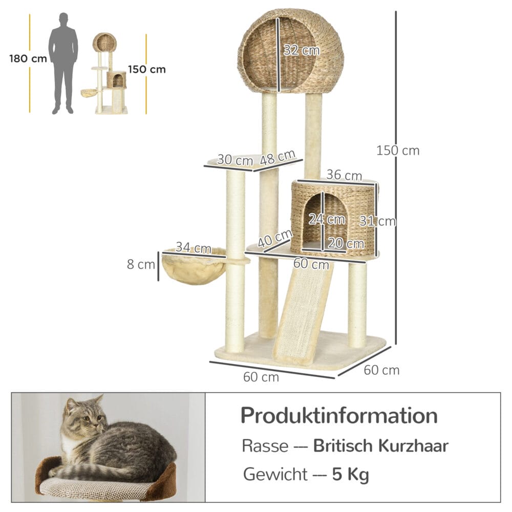 Beiger Kratzbaum mit Katzenhaus aus Rattan, 150cm hoch, eine stilvolle und robuste Kletter- und Kratzgelegenheit.
