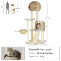 Beiger Kratzbaum mit Katzenhaus aus Rattan, 150cm hoch, eine stilvolle und robuste Kletter- und Kratzgelegenheit.