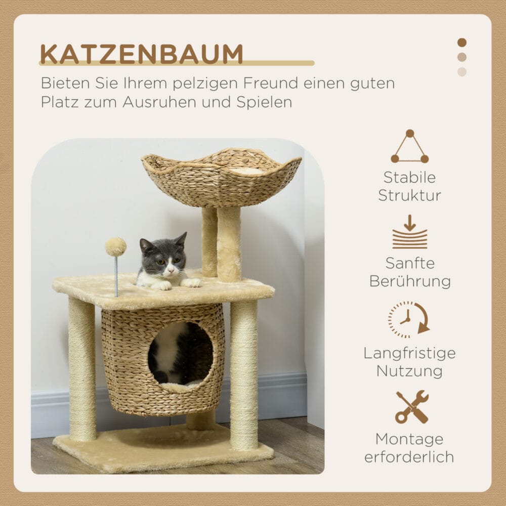 Beiger Katzen-Kratzbaum mit integrierter Katzenhöhle, 74cm hoch, für Katzen bis 5kg, bietet eine kompakte Kratz- und Kuschelmöglichkeit.