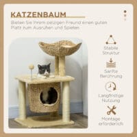 Beiger Katzen-Kratzbaum mit integrierter Katzenhöhle, 74cm hoch, für Katzen bis 5kg, bietet eine kompakte Kratz- und Kuschelmöglichkeit.
