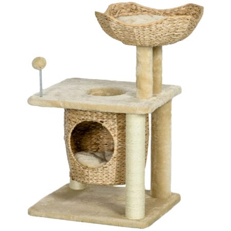 Beiger Katzen-Kratzbaum mit integrierter Katzenhöhle, 74cm hoch, für Katzen bis 5kg, bietet eine kompakte Kratz- und Kuschelmöglichkeit.