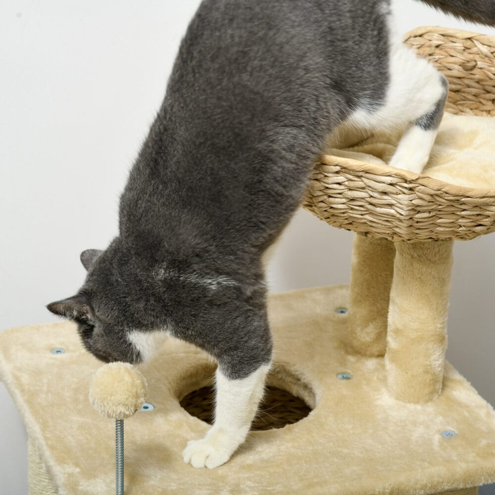 Beiger Katzen-Kratzbaum mit integrierter Katzenhöhle, 74cm hoch, für Katzen bis 5kg, bietet eine kompakte Kratz- und Kuschelmöglichkeit.