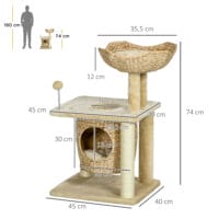 Beiger Katzen-Kratzbaum mit integrierter Katzenhöhle, 74cm hoch, für Katzen bis 5kg, bietet eine kompakte Kratz- und Kuschelmöglichkeit.