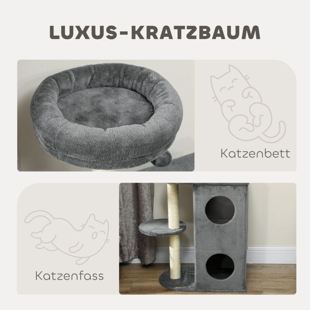 Grauer Kratzbaum mit Katzenhöhle, 111cm hoch, für Katzen bis 5kg, ein beliebter Ort zum Verstecken und Schlafen.
