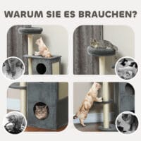 Grauer Kratzbaum mit Katzenhöhle, 111cm hoch, für Katzen bis 5kg, ein beliebter Ort zum Verstecken und Schlafen.