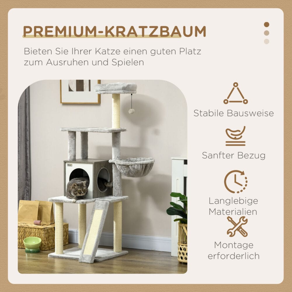 Grauer Kratzbaum mit Katzenhöhle und Hängebett, 141.5cm hoch, bietet Komfort und Klettermöglichkeiten.