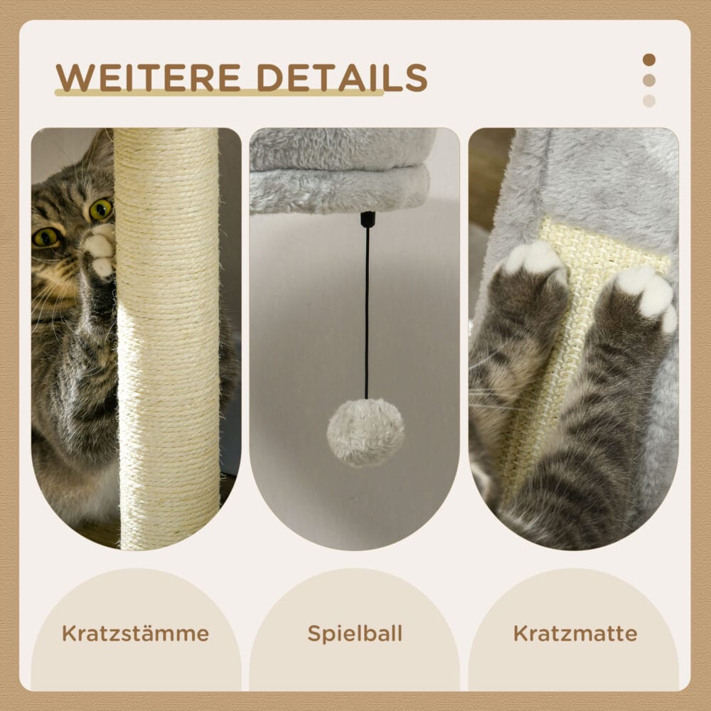 Grauer Kratzbaum mit Katzenhöhle und Hängebett, 141.5cm hoch, bietet Komfort und Klettermöglichkeiten.