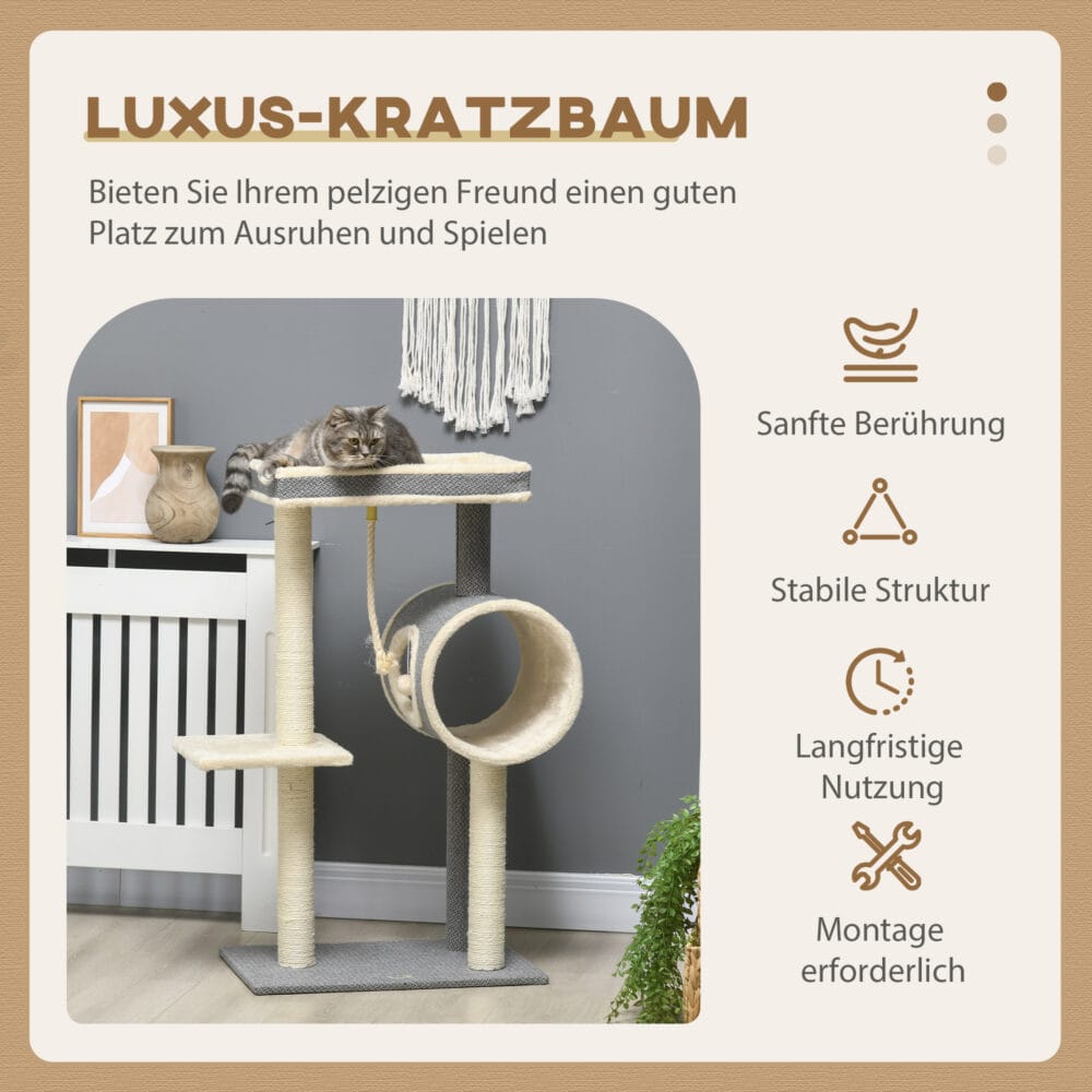 Grauer Kratzbaum mit Katzenhöhle und Spielball, 104cm hoch, ein vielseitiger Spiel- und Rückzugsort.