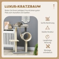 Grauer Kratzbaum mit Katzenhöhle und Spielball, 104cm hoch, ein vielseitiger Spiel- und Rückzugsort.