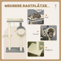 Grauer Kratzbaum mit Katzenhöhle und Spielball, 104cm hoch, ein vielseitiger Spiel- und Rückzugsort.