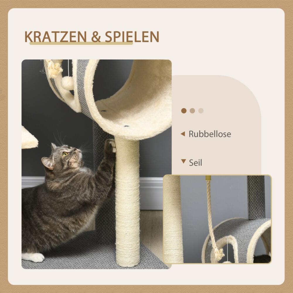 Grauer Kratzbaum mit Katzenhöhle und Spielball, 104cm hoch, ein vielseitiger Spiel- und Rückzugsort.