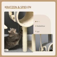 Grauer Kratzbaum mit Katzenhöhle und Spielball, 104cm hoch, ein vielseitiger Spiel- und Rückzugsort.