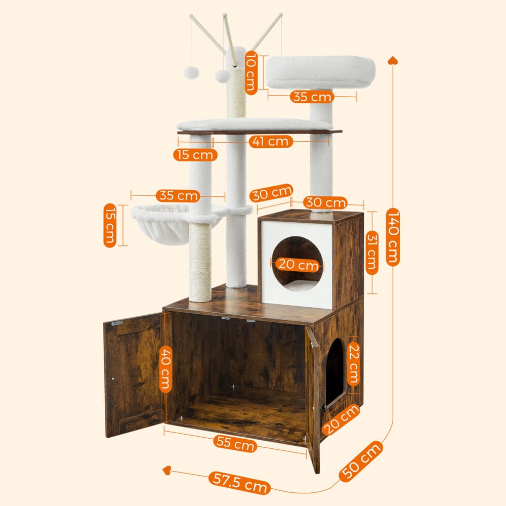 Kratzbaum mit integrierter Katzentoilette, Holz Vintage Braun