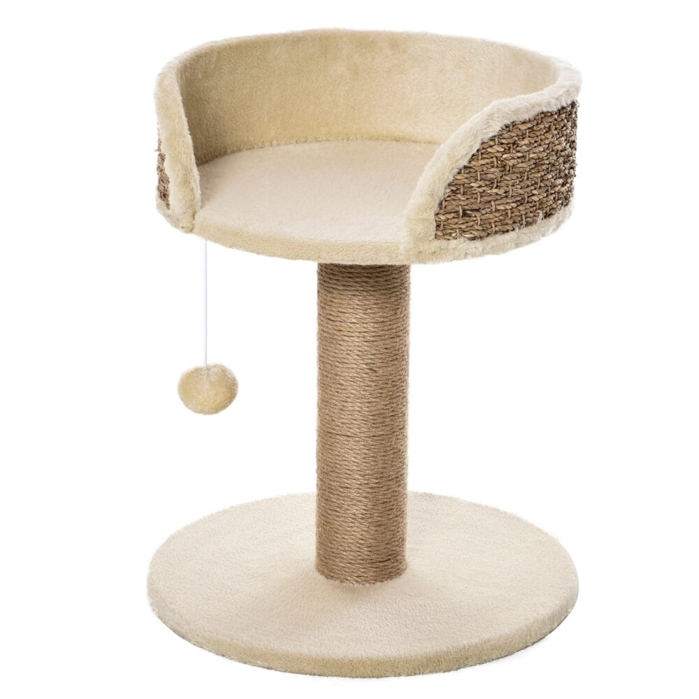 Cremeweisser Kratzbaum für kleine Katzen mit integriertem Spielball, 49cm hoch, ideal für erste Klettererfahrungen.