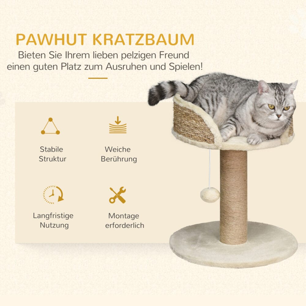 Cremeweisser Kratzbaum für kleine Katzen mit integriertem Spielball, 49cm hoch, ideal für erste Klettererfahrungen.