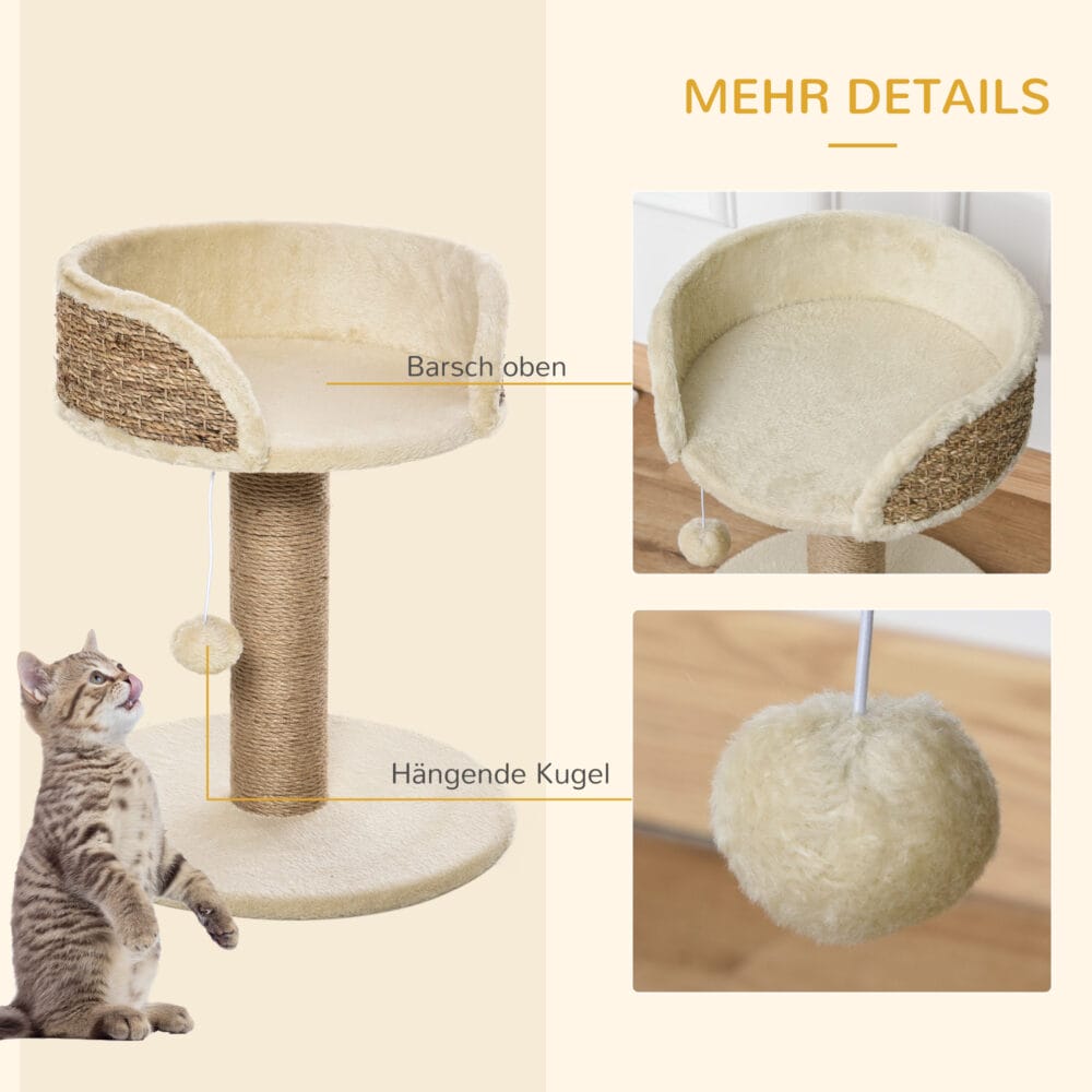 Cremeweisser Kratzbaum für kleine Katzen mit integriertem Spielball, 49cm hoch, ideal für erste Klettererfahrungen.