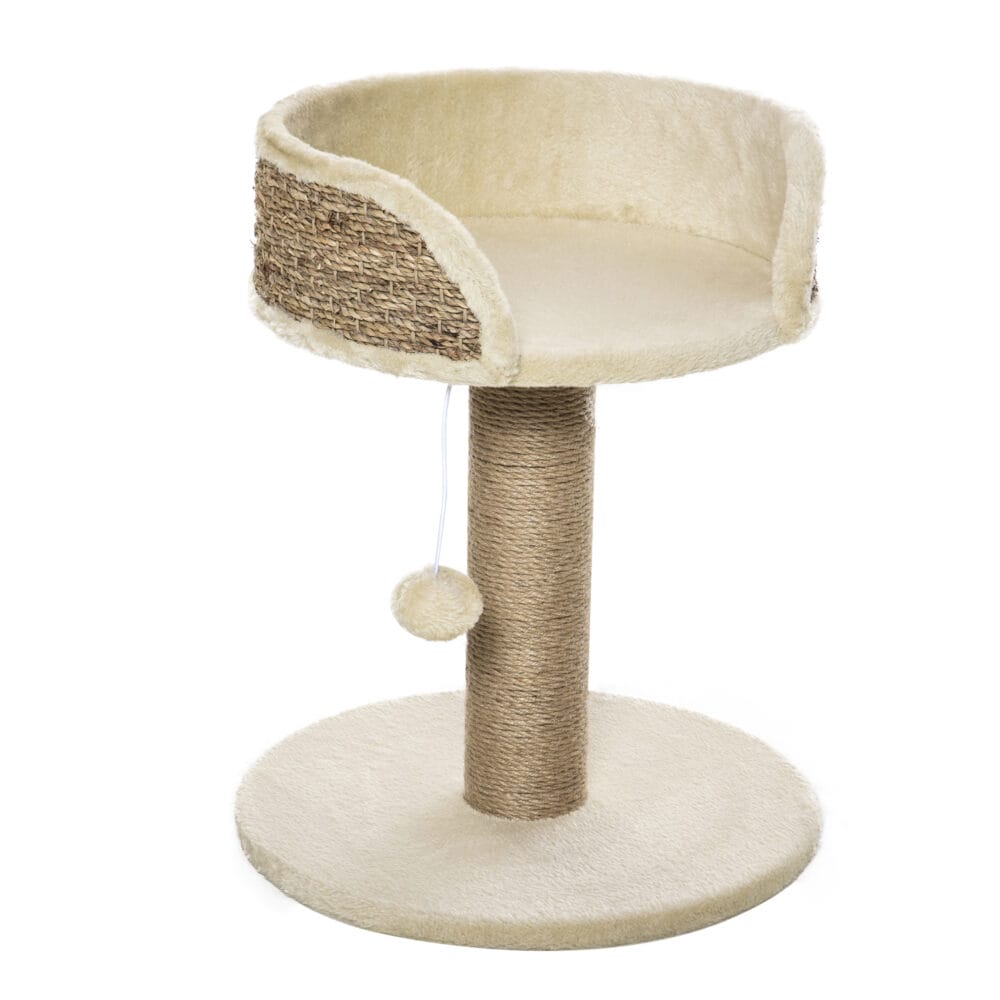 Cremeweisser Kratzbaum für kleine Katzen mit integriertem Spielball, 49cm hoch, ideal für erste Klettererfahrungen.