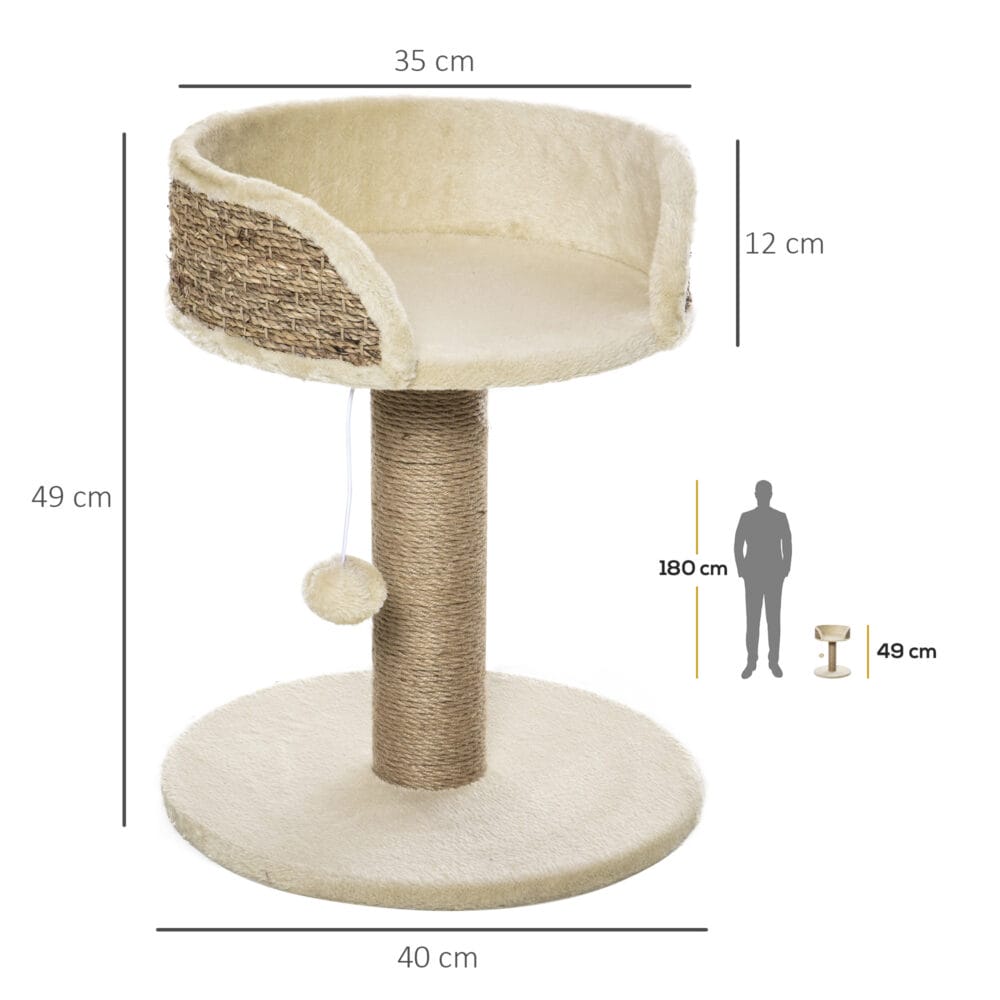 Cremeweisser Kratzbaum für kleine Katzen mit integriertem Spielball, 49cm hoch, ideal für erste Klettererfahrungen.