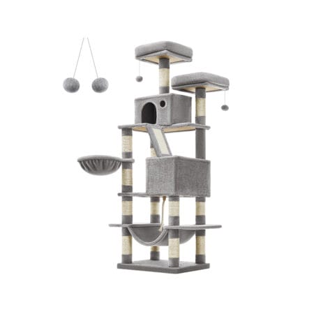 Spielturm Kratzbaum Kletterturm, Holz Weiss, 144cm hoch