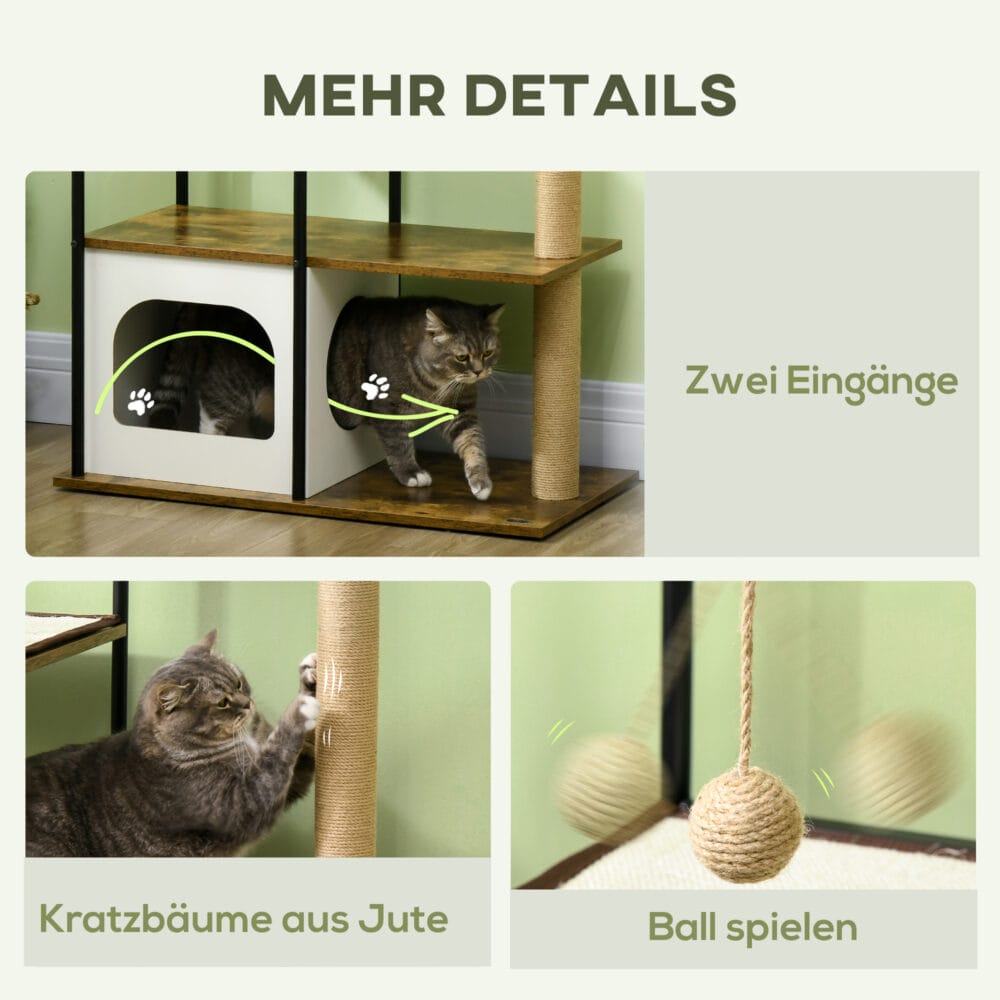 Brauner Kratzbaum mit Kratzmatte, 118.5cm hoch, für Katzen bis 5kg, ein schlankes und funktionales Kratzmöbel.