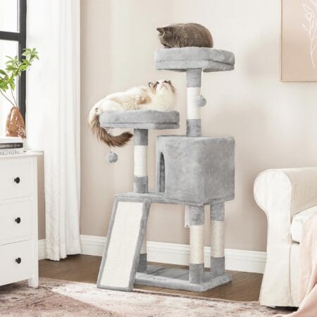 Kratzbaum Katzenwohnung mit Kratzrampe, 115cm Höhe, Plüsch Hellgrau
