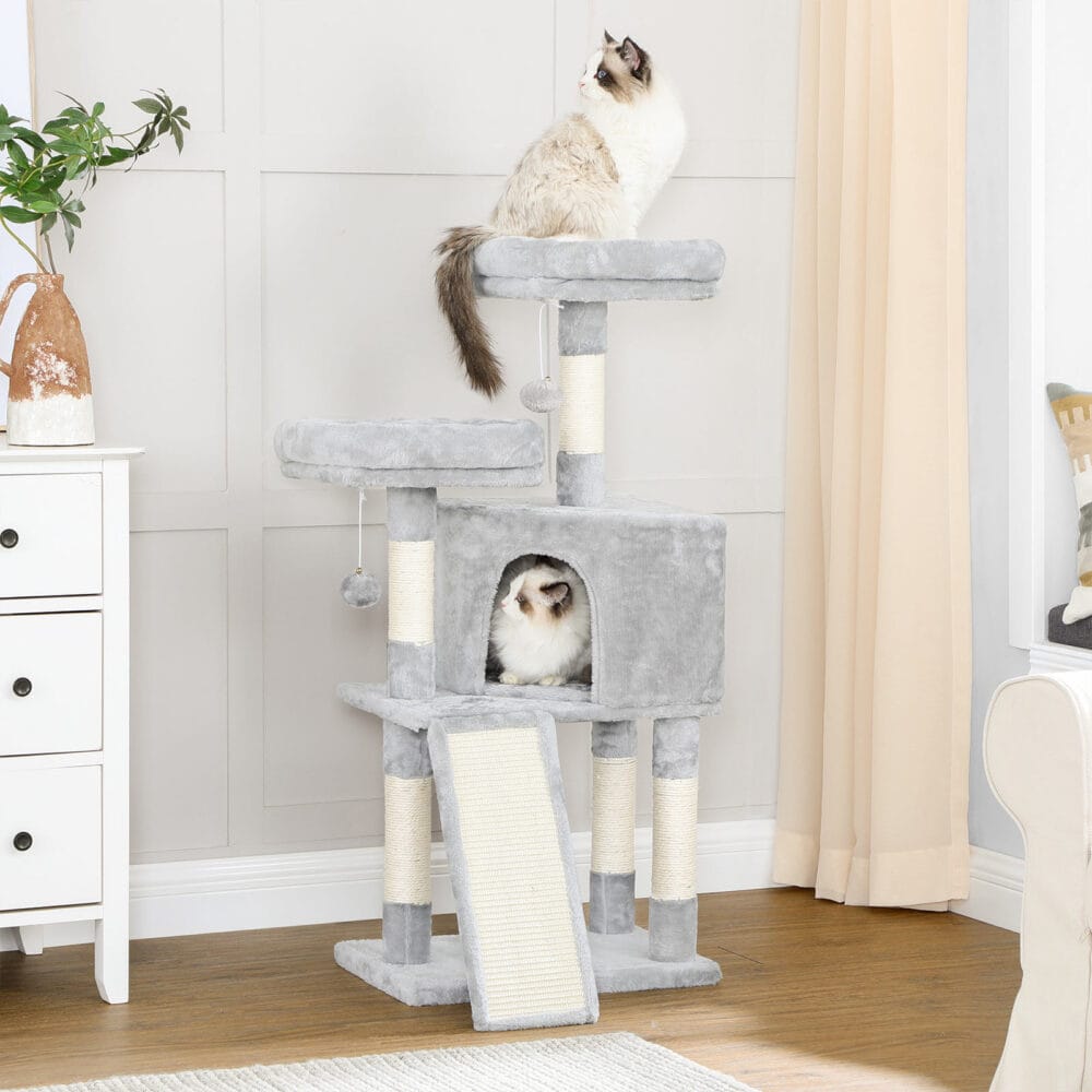 Kratzbaum Katzenwohnung mit Kratzrampe, 115cm Höhe, Plüsch Hellgrau